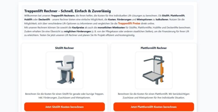 Treppenlift-Rechner ist live: Schnell & unverbindlich Preise für Sitz-, Hublift & Co. berechnen