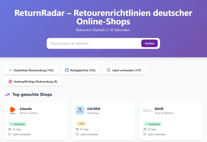 ReturnRadar.de zeigt Retourenbedingungen deutscher Shops