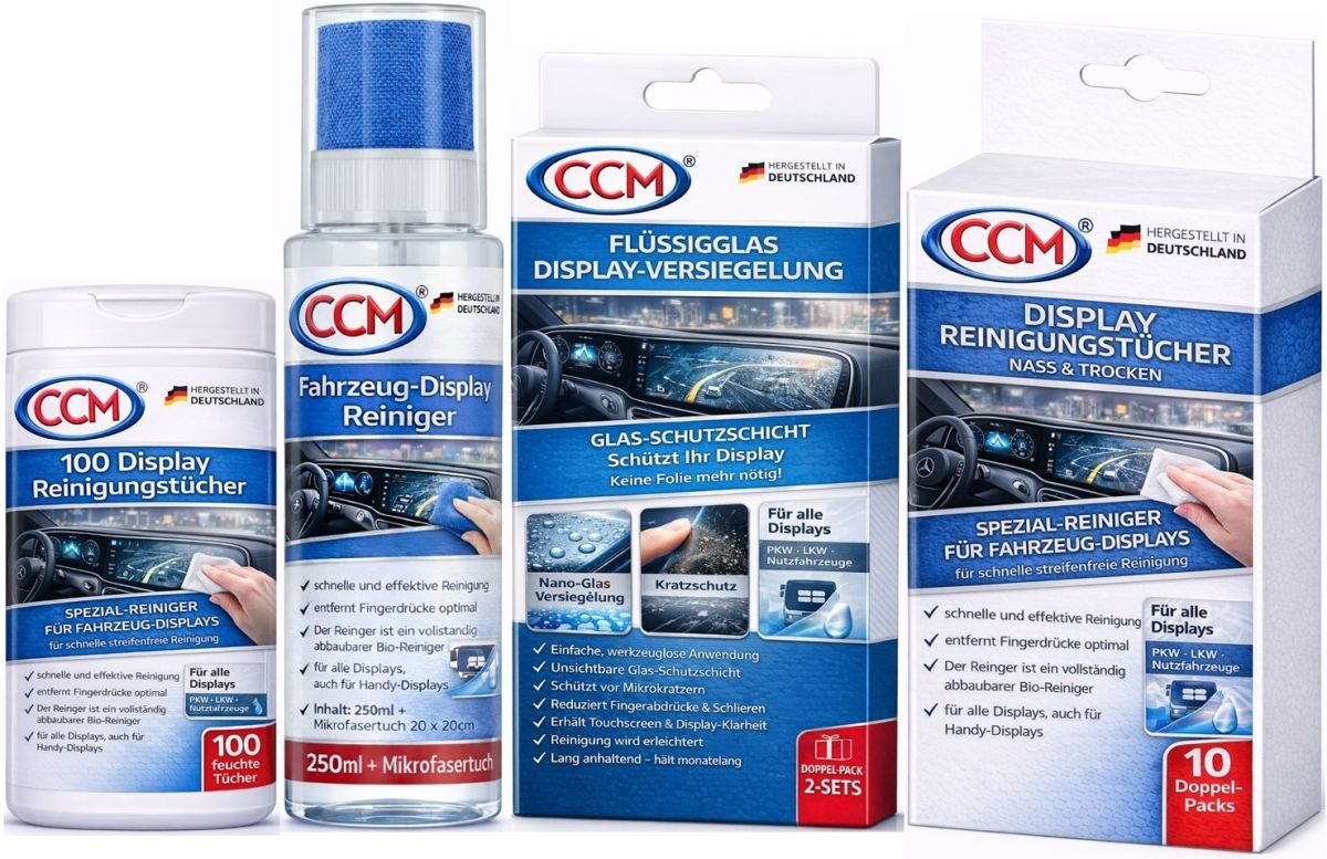 Neue Produktgruppe für Fahrzeugdisplays: Saubere Sicht & langlebiger Schutz mit dem CCM® Display-Sortiment Neue Produktgruppe für Fahrzeugdisplays: Saubere Sicht & langlebiger Schutz mit dem CCM® Display-Sortiment