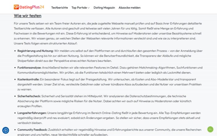 DatingPlus24.com gewährt transparente Einblicke in ihren unabhängigen Testprozess für Online-Dating-Plattformen