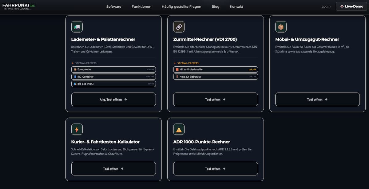 Die 5 wichtigsten Logistik-Rechner: Fahrpunkt stellt kostenlose Toolbox und B2B-Widgets für Speditionen bereit Die 5 wichtigsten Logistik-Rechner: Fahrpunkt stellt kostenlose Toolbox und B2B-Widgets für Speditionen bereit