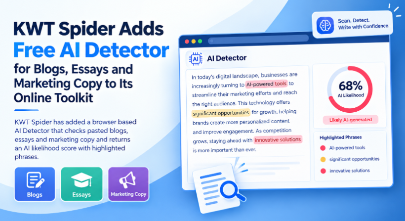 KWT Spider fügt seinem Online-Toolkit einen kostenlosen AI Detector für Blogs, Essays und Marketing-Texte hinzu