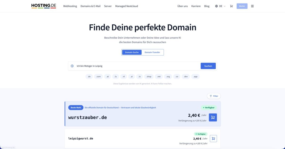 hosting.de GmbH führt KI Domainsuche ein und beschleunigt die kreative Namensfindung für neue Webprojekte hosting.de GmbH führt KI Domainsuche ein und beschleunigt die kreative Namensfindung für neue Webprojekte