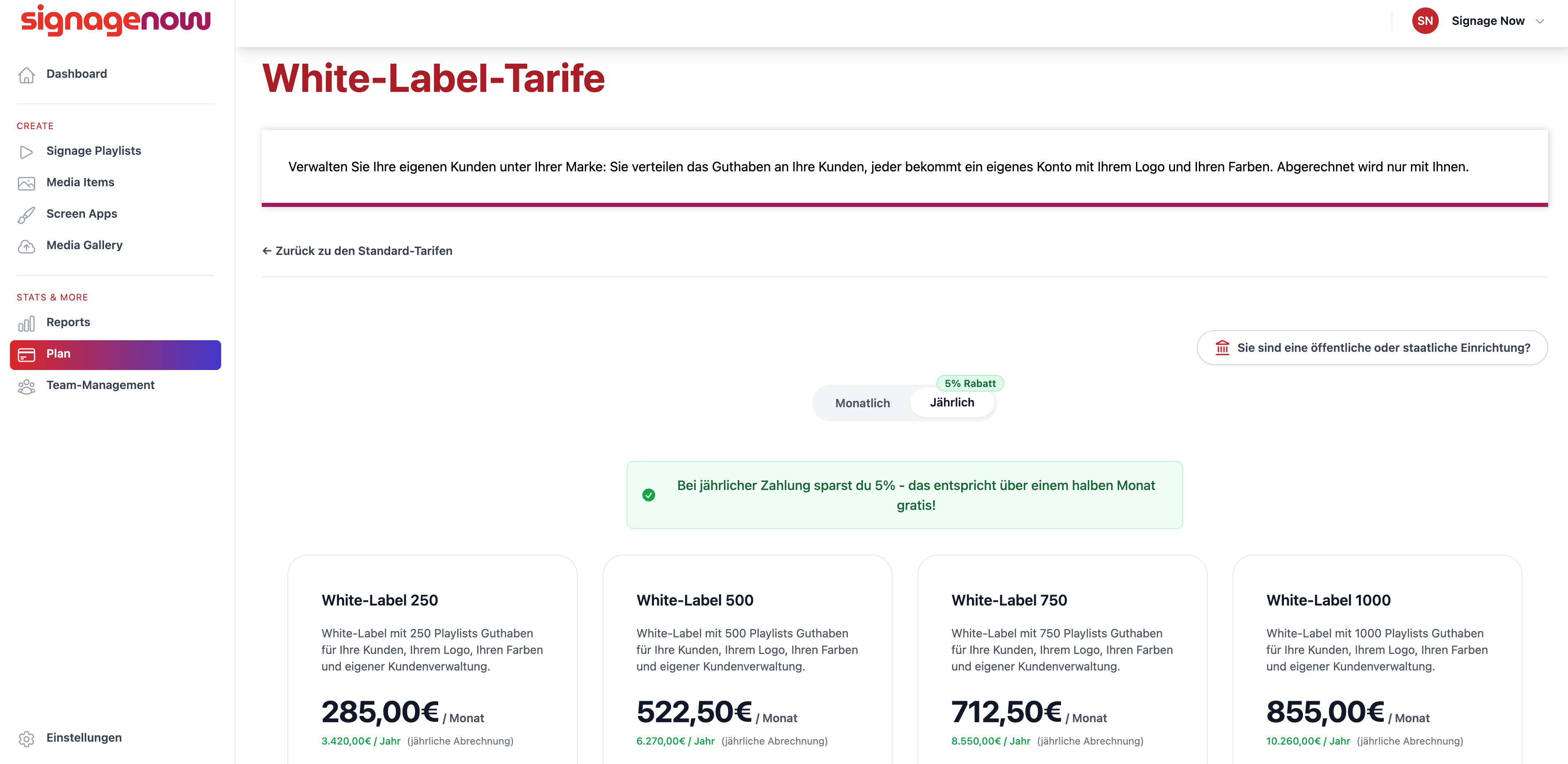 White-Label Digital Signage & Team-Verwaltung